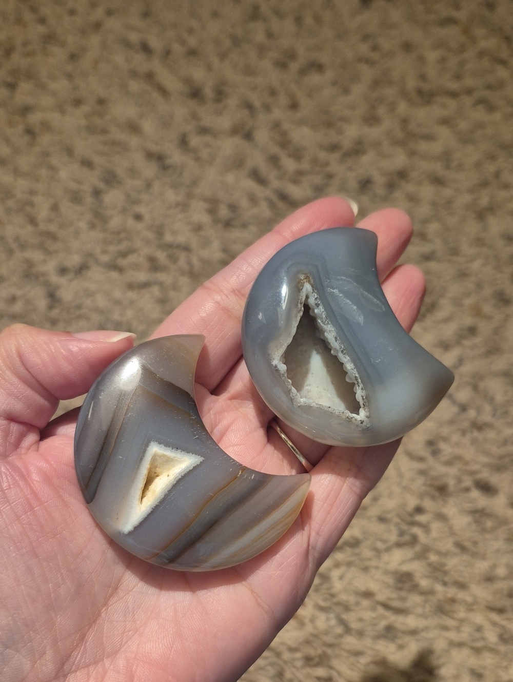 Pair of Crescent Agate Geode Carvings — Gray & Cream